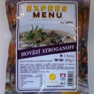 Hovězí Stroganoff bez lepku EXPRES MENU 600 g - sterilovaný hotový pokrm dvouporcový. 